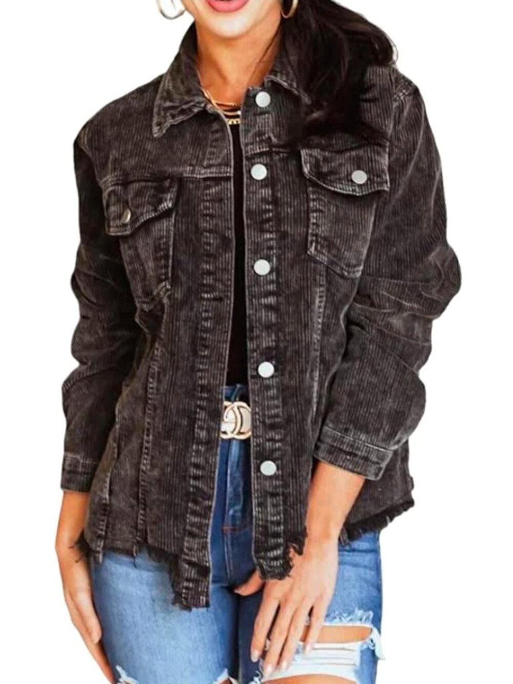 POL Black Washed Corduroy Trucker Jacket Size Large